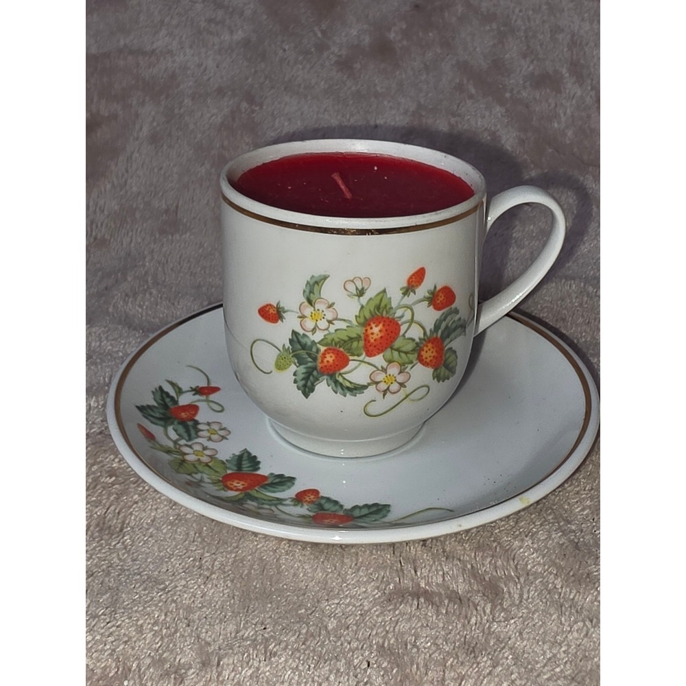 Vintage 1978 Avon Strawberry Teacup Candle and Saucer 22K Gold Trim Porcelain